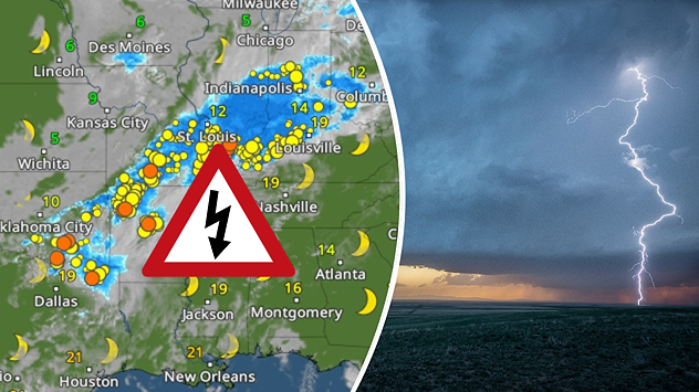 WetterRadar mit Gewitterfront über den USA und Warnsymbol für Blitzschlag. Viele markierte Gewitterzellen entlang einer Linie von Texas bis in den Mittleren Westen. Daneben ein Foto eines Blitzes über dem Meer bei Nacht.