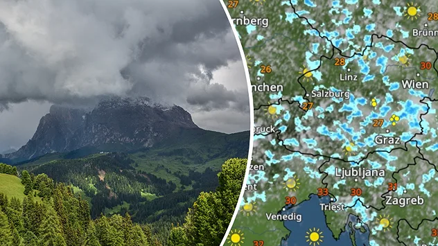 Splitbild mit aufziehendem Gewitter über einer Berglandschaft und WetterRadar für Österreich mit zahlreichen Schauern und Gewittern.