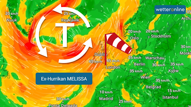 Wetterkarte mit Ex-Hurrikan Melissa und starken Winden über dem Nordatlantik.
