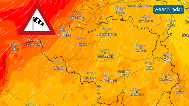 De situatie donderdagochtend. De storm steekt eerst aan de kust op met de eerste zware windstoten. In het binnenland is het nog relatief rustig.