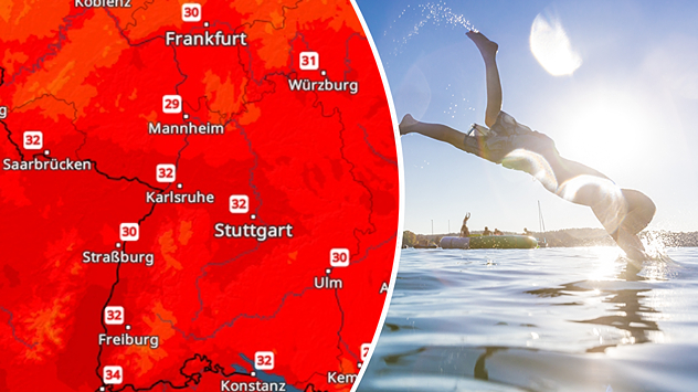 Karte mit roten Temperaturflächen und Werten bis 34 °C am Oberrhein, daneben ein Mensch beim Kopfsprung ins Wasser bei strahlendem Sonnenschein.