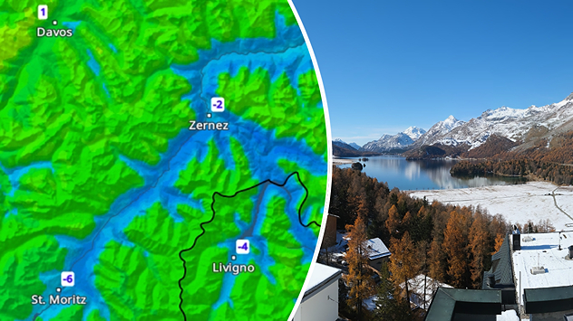 Links zeigt die Wetterkarte Frost mit –6 Grad in St. Moritz und –4 Grad in Livigno. Rechts ist ein klarer, sonniger Tag im Engadin mit Blick auf einen See und verschneite Berge zu sehen.