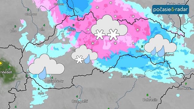 Meteoradar pre Slovensko. Na západe symbol slabého dažďa, na juhu stredného Slovenska symbol dažďa so snehom, na východe symbol dažďa, na severe symbol sneženia.