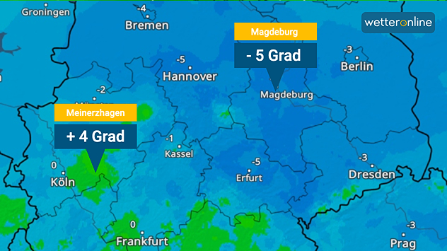 TemperaturRadar zeigt Frostluft Richtung Norden und Osten. Im Westen gibt es in den Bergländern schon Plusgrade.