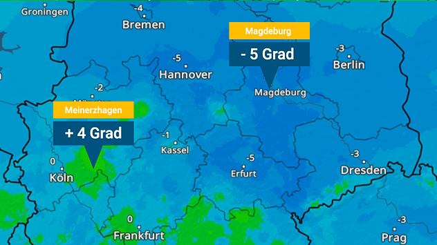TemperaturRadar zeigt Frostluft Richtung Norden und Osten. Im Westen gibt es in den Bergländern schon Plusgrade.