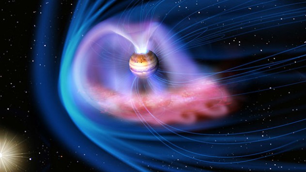 Die künstlerische Darstellung zeigt die Energieströme, die bei der Verformung des Magnetfeldes durch den Sonnenwind entstehen.