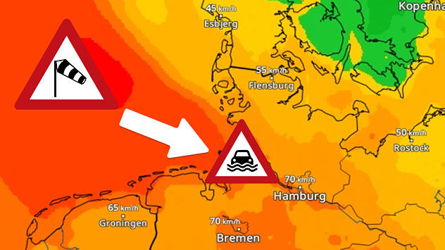 Sturmflutgefahr an der Nordsee Wetterkarte mit Sturm- und Flutwarnungen für Norddeutschland, Pfeil zeigt Windrichtung von der Nordsee nach Hamburg, Gefahr einer Sturmflut.