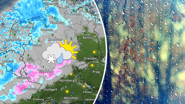 Links: WetterRadar-Karte zeigt am 20. November Schnee und Regen in der Mitte Deutschlands, Sonne im Süden und Osten. Rechts: Regen läuft an einer Fensterscheibe herab – typisches Schmuddelwetter.