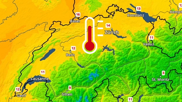 Die Wetterkarte zeigt für Montag Höchstwerte von 12 bis 16 Grad im Flachland.