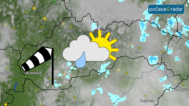 Mapa Slovenska s oblačnosťou, prehánkami a vetrom, čiastočne aj slnečno
