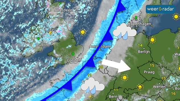 Een koufront trekt over de Benelux en omgeving en is ingetekend met een blauwe lijn. Regen is zichtbaar en wolken met regen zijn ingetekend.