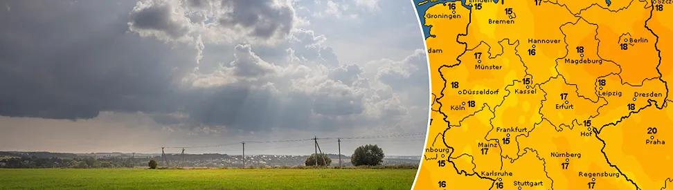 Geteiltes Bild mit Wolkenhimmel über einer Landschaft und Wetterkarte für Deutschland. Die Karte zeigt Höchstwerte meist zwischen 15 und 18 Grad. Das Wetter bleibt wechselhaft mit Sonne und Wolken.