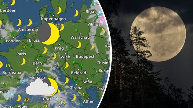 Combinaison d'une carte météo européenne avec des symboles lunaires et d'une photo d'une pleine lune au-dessus d'une forêt sombre. Des nuits claires et sèches sont prévues dans de nombreuses régions.