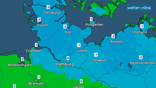 Wetterkarte von Norddeutschland mit Temperaturen zwischen minus 3 und plus 1 Grad in Schleswig-Holstein, Hamburg und Mecklenburg-Vorpommern.