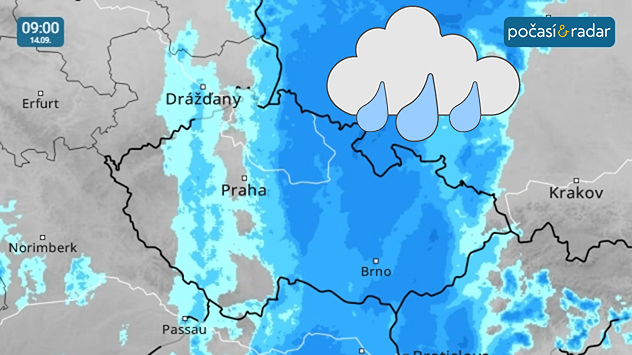 Dešťový radar, screenshot, 14. 9. 9:00: O víkendu zasáhne další vlna vydatnějších srážek hlavně východní polovinu Česka.