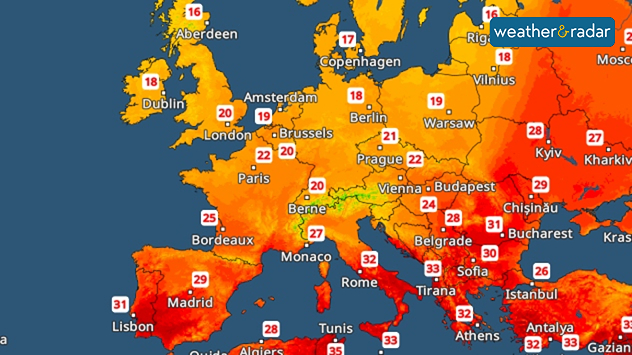 Temperature map of Europe showing 31°C in Lisbon, 29°C in Madrid, 32°C in Rome and Athens, and cooler readings of 16–20°C across the UK and northern Europe.