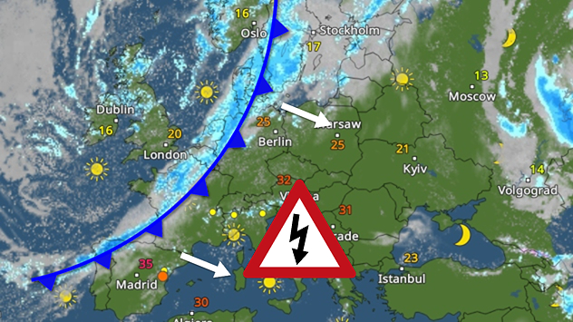 Map of Europe showing a cold front stretching from Scandinavia to Spain. Thunderstorms are shown in southern and central Europe.
