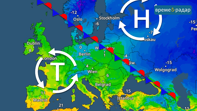 Картата на времето показва студен въздух в североизточна Европа и мек въздух в югозападната част.