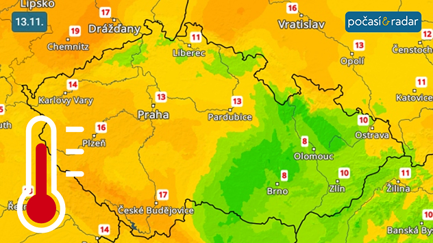 Předpověď maximálních denních teplot v Česku na čtvrtek 13. listopadu. Rozložení a výši teplot výrazně ovlivní teplotní inverze.