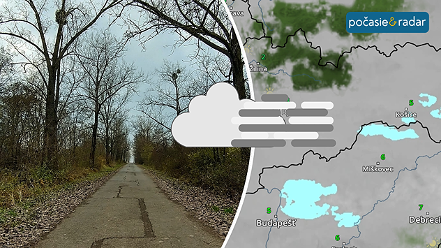 Rozdelený obrázok - vľavo fotografia sychravej jesennej prírody, vpravo snímka meteoradaru. Medzi nimiu symbol obláčika a hmly.