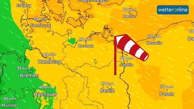 Die&nbsp;WindRadar-Vorhersage&nbsp;für Sonntag zeigt im Nordosten einen lebhaften Wind.