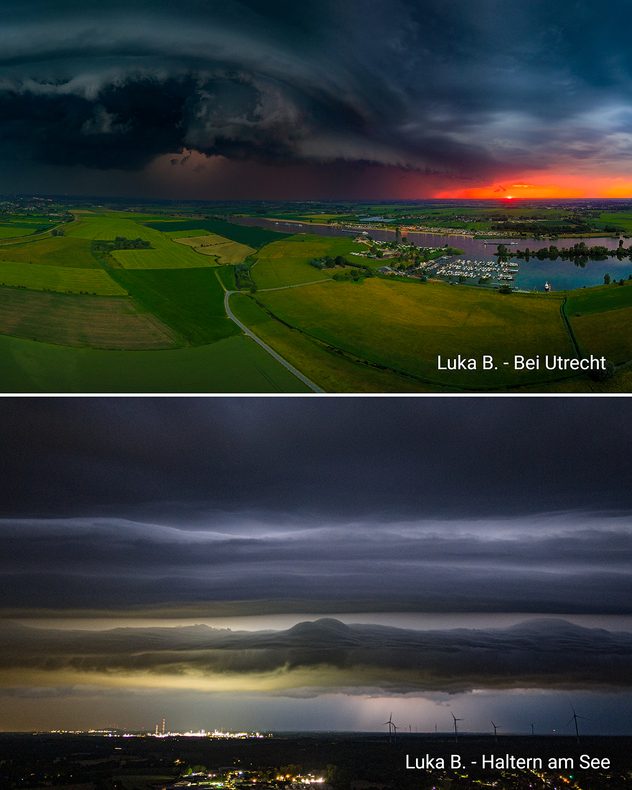Oben: Die untergehende Sonne macht Platz für bedrohliche Unwetterwolken. - Unten: Auch in Haltern am See kündigt sich ein Gewitter mit imposanten Wolkenwalzen an.