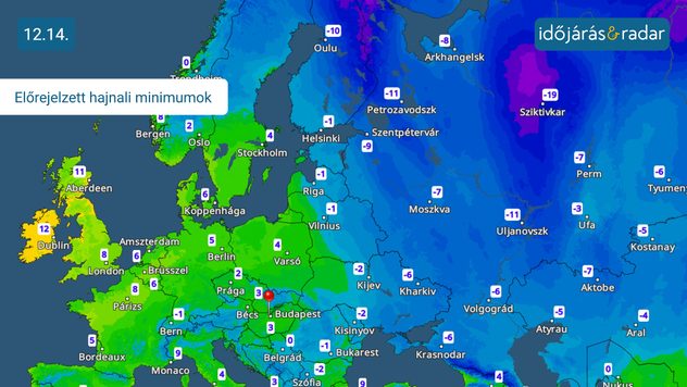 Európa térkép, mélynyomás Oroszország felett és erős hideg levegő áramlás Kelet-Európába. Jelentős hőmérsékletcsökkenés a keleti régiók nagy részén. HőmérsékletRadar: Egy ciklon hideget hoz a Fekete-tengerig.