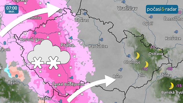 Meteoradar, screenshot, 9. 1. 7:00: Nejvydatnější sněžení se očekává v západní polovině Čech v pátek brzy nad ránem. Sněžení bude při postupu dále na východ slábnout.