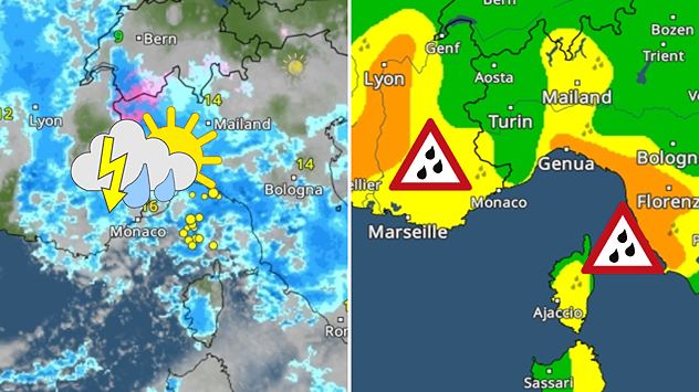 El mapa muestra una alerta por tormentas y lluvias intensas sobre el norte de Italia y Francia. Las regiones afectadas están resaltadas en color.