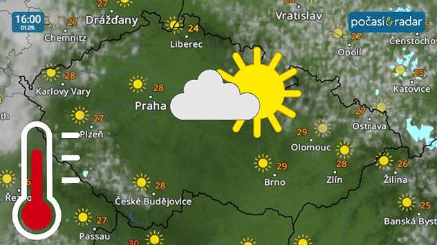 Meteoradar, screenshot, 1. 9. 16:00. Neděle a pondělí do Česka přinesou slunečné a teplé počasí. Pondělní maxima u nás porostou až k 29 °C.