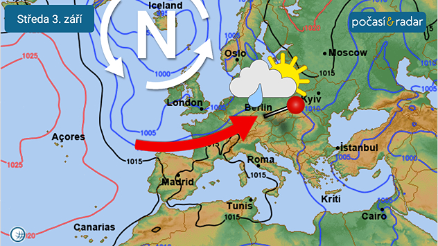 Předpověď, mapa synoptické situace, středa 3. září: Počasí prvního zářijového týdne u nás bude formovat teplejší jihozápadní proudění na přední straně tlakové níže nad severozápadní Evropou. Vliv tlakové níže budou nad střední Evropou střídavě narušovat výběžky vyššího tlaku vzduchu od jihozápadu.