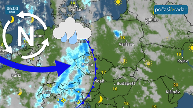 Meteoradar, screenshot, 2. 9. 6:00. V noci na úterý začne přes Česko od západu postupovat další studená fronta – kromě ochlazení přinese i více oblačnosti a místy déšť