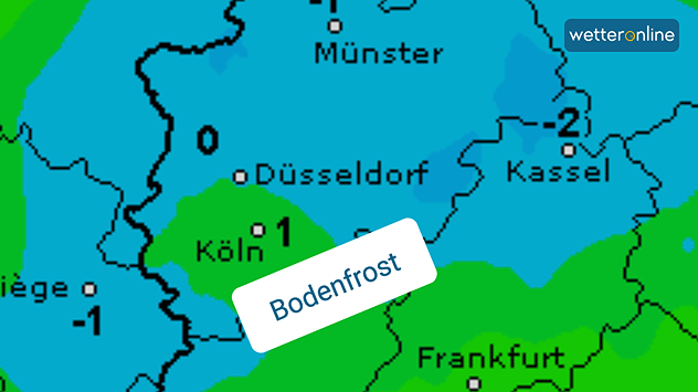 Wetterkarte mit Temperaturen zwischen −2 °C und 1 °C in Westdeutschland.