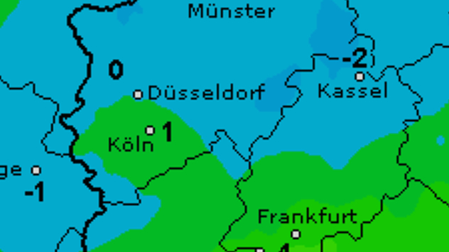 Wetterkarte mit Temperaturen zwischen −2 °C und 1 °C in Westdeutschland.