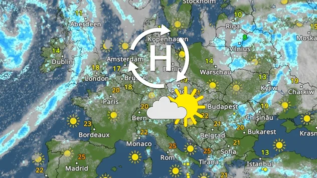 WetterRadar für Mitteleuropa. Eingezeichnet sind ein Symbol für ein Hochdruckgebiet und eines für einen Sonne-Wolken-Mix.