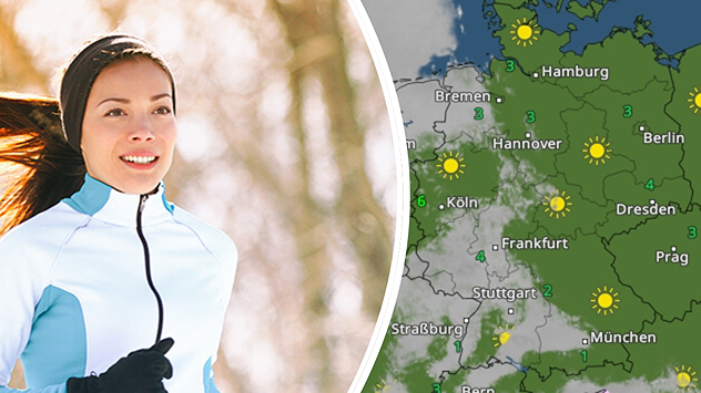 Links: Eine joggende Frau in winterlicher Laufkleidung. Rechts: Das WetterRadar für Sonntag.