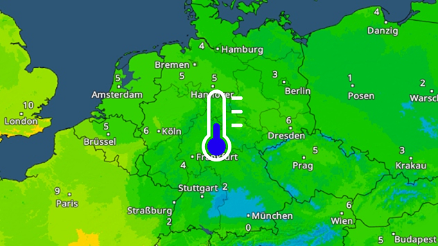 TemperaturRadar für Montagnachmittag zeigt Temperaturen von 0 bis 6 Grad.