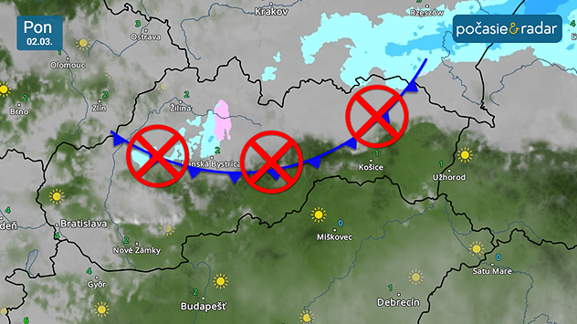 Mapa Slovenska s vyznačeným studeným frontom a symbolmi zákazu zrážok nad viacerými oblasťami