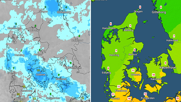 Sammenligning af to vejrkort over Danmark med regn og efterfølgende mildere temperaturer.
