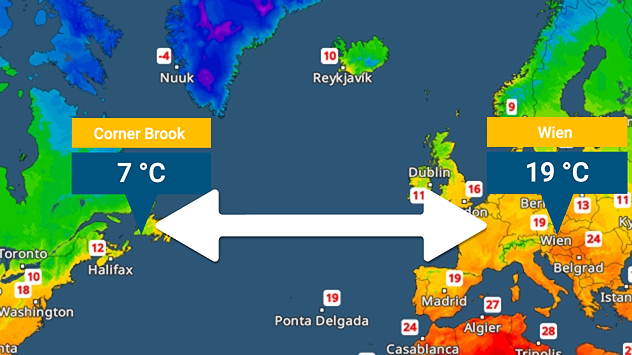 Wetterkarte mit 7 °C in Corner Brook und 19 °C in Wien, verbunden durch Pfeil.
