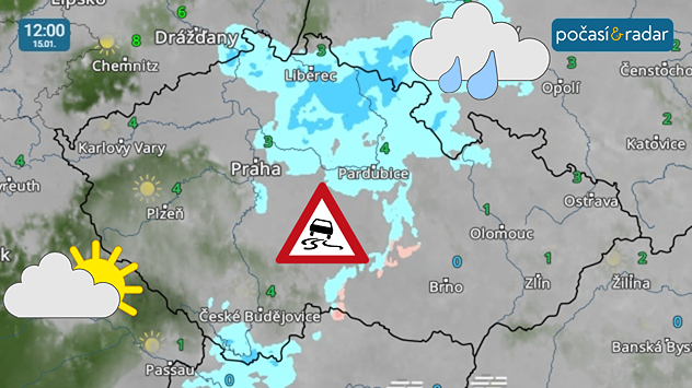 Meteoradar, screenshot, 15. 1. 12:00: Ve čtvrtek se během dne s deštěm setkáme místy hlavně v severní polovině území. Déšť bude hlavně na Moravě ojediněle namrzat.