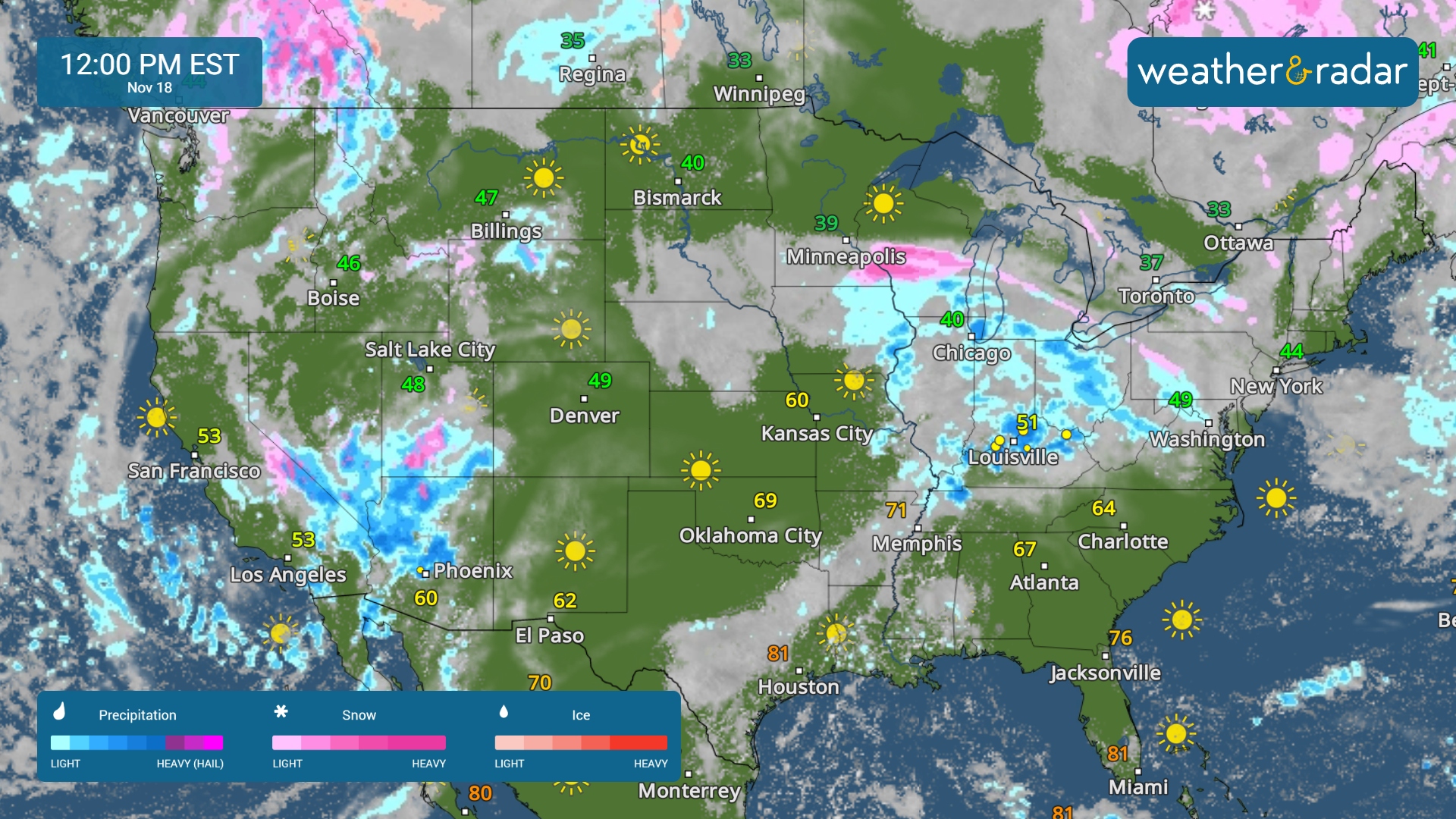 The WeatherRadar shows showers and storms in the Southwest, as well as rain and storms in the Ohio and Tennessee River Valleys.