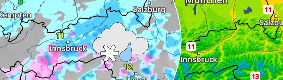 Karte zeigt Westösterreich mit Regen und unbeständigem Wetter, Schwerpunkt entlang der Alpen. Zudem ist es kühl mit nur Werten knapp über 10 Grad.