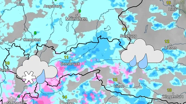 Karte zeigt Westösterreich mit Regen und unbeständigem Wetter, Schwerpunkt entlang der Alpen.