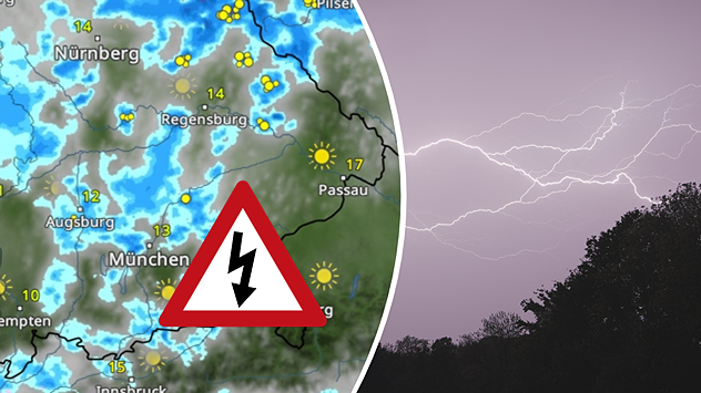 Kombigrafik aus WetterRadar für Bayern mit Gewitterwarnsymbol sowie Blitzen über dunkler Landschaft bei Nacht.