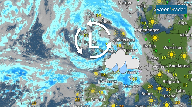 De WeerRadar toont voor maandag een omvangrijke depressie boven de Britse Eilanden. Enkele dagen geleden lag daar juist een hogedrukgebied.