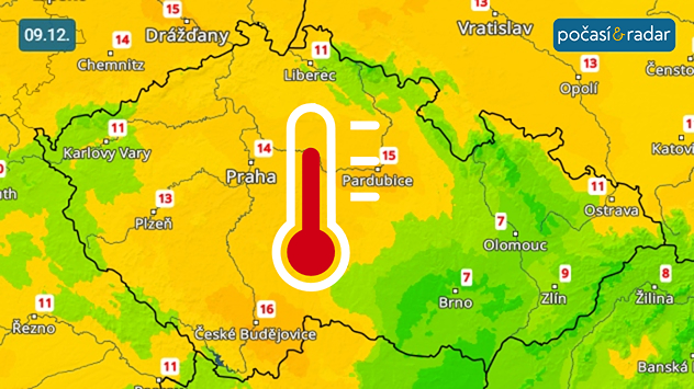 Maximální denní teploty v Česku, úterý 9. 12. V Česku panuje na začátku druhého prosincového týdne mimořádně teplé počasí. V úterý se nejvyšší denní teploty ve středních a jižních Čechách místy dostávaly i nad 15 °C!