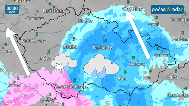 Meteoradar, screenshot, 5. 12., 0:00: Během noci na pátek se do Česka od jihu až jihovýchodu rozšíří srážky.