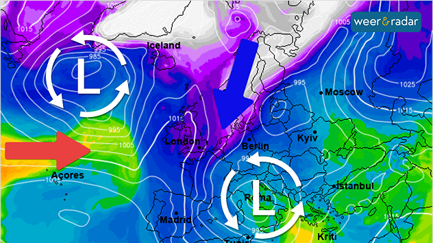 De weerkaart voor komend weekend toont een korte winterprik na doortocht van een lagedrukgebied. Een nieuwe depressie met zachtere lucht komt vanuit het westen echter alweer dichterbij.