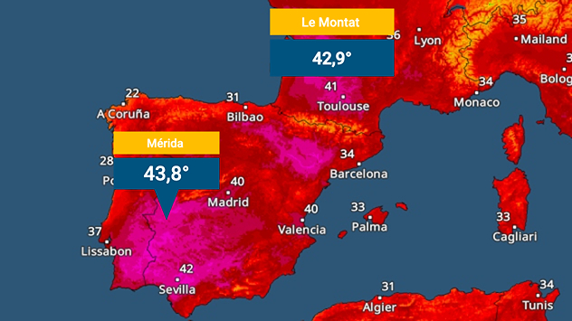 Radar de temperaturas en el suroeste de Europa: valores máximos